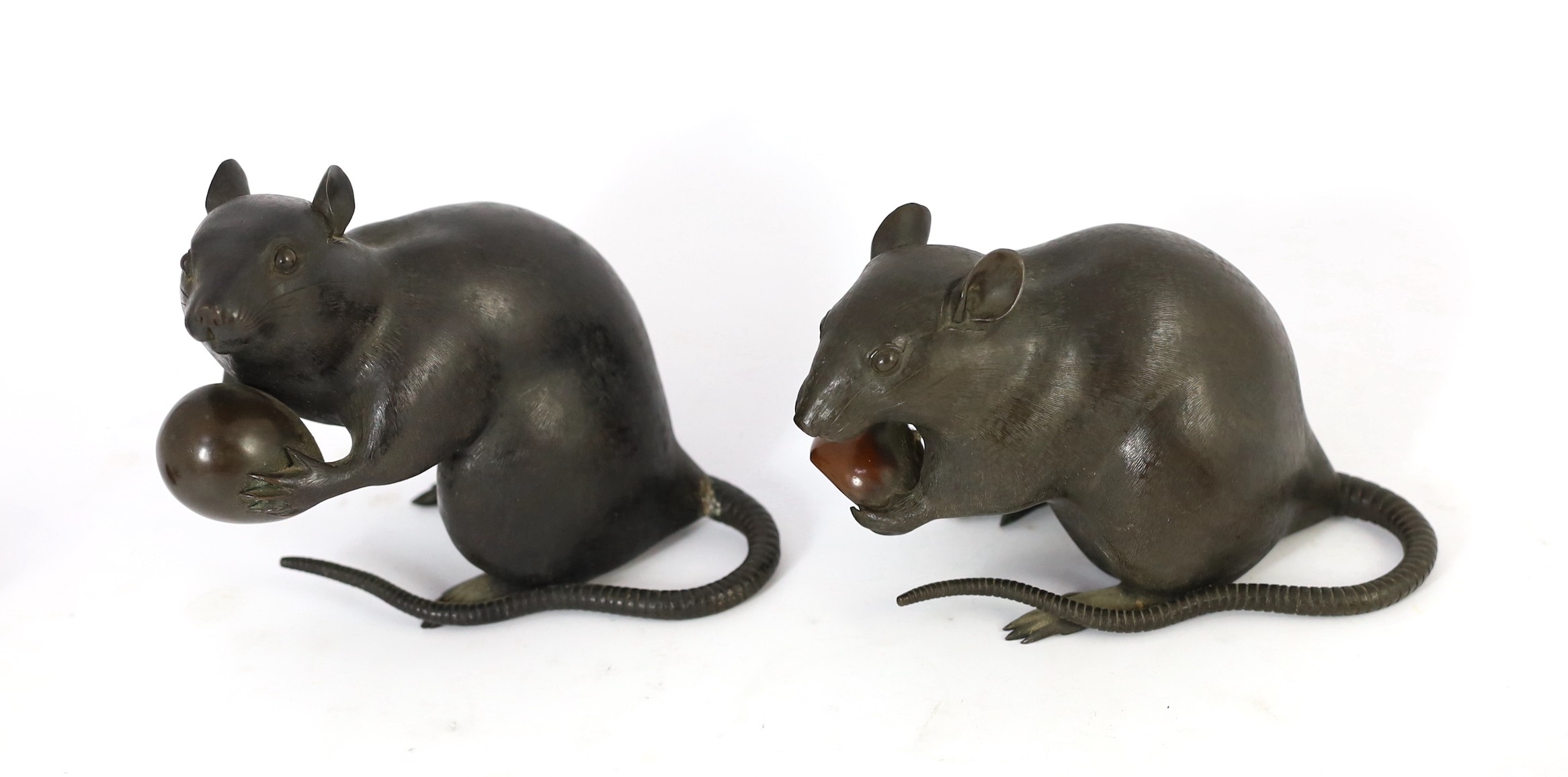 An assembled group of five Japanese bronze and mixed metal models of rats, Meiji period, smallest 9.5cm long, largest 16.5cm long, one small rat tail detached